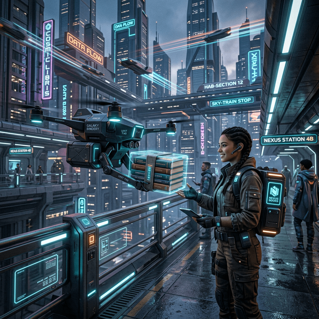 Woman receiving a stack of books from a drone at an advanced city library station