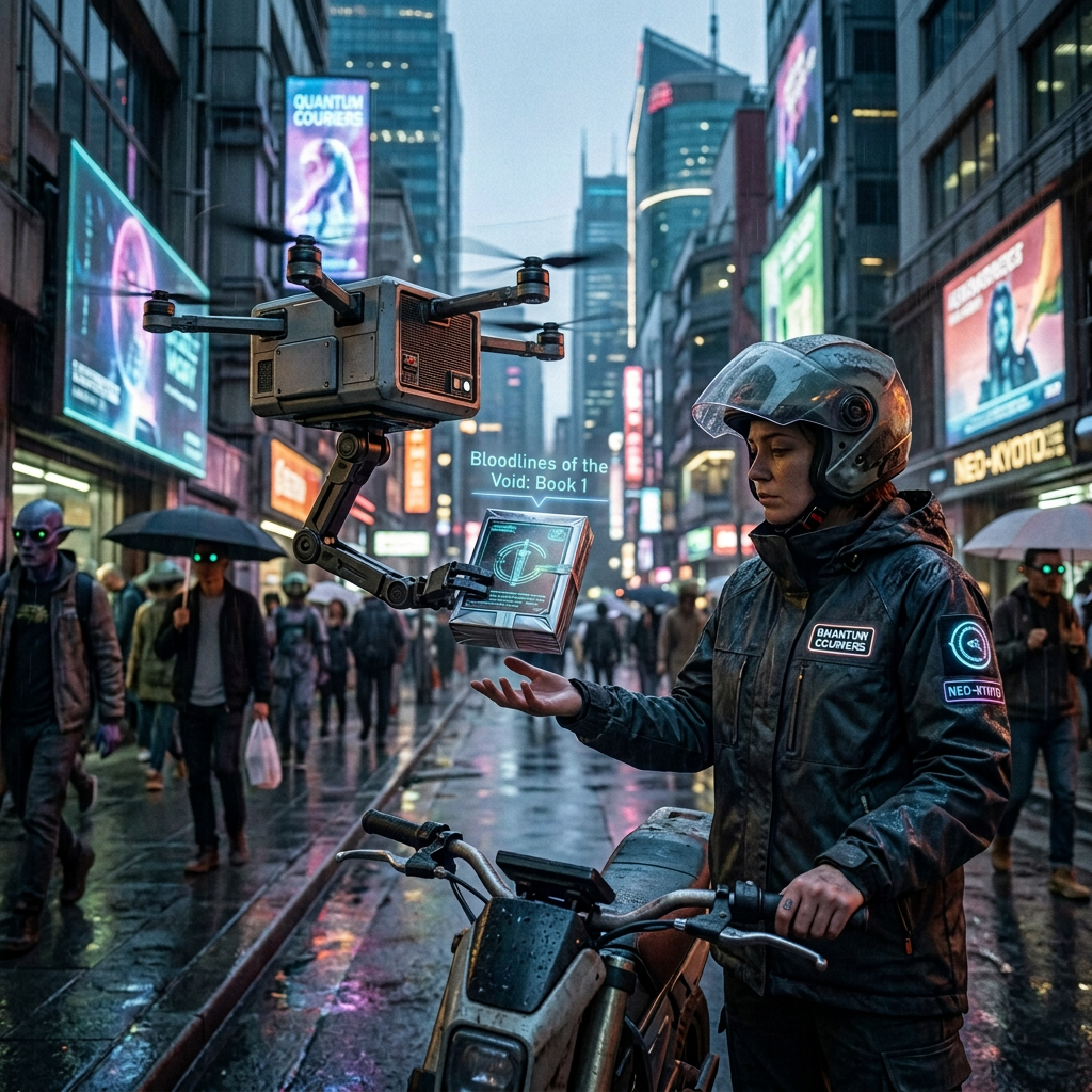 Courier in helmet interacting with a delivery drone holding a package