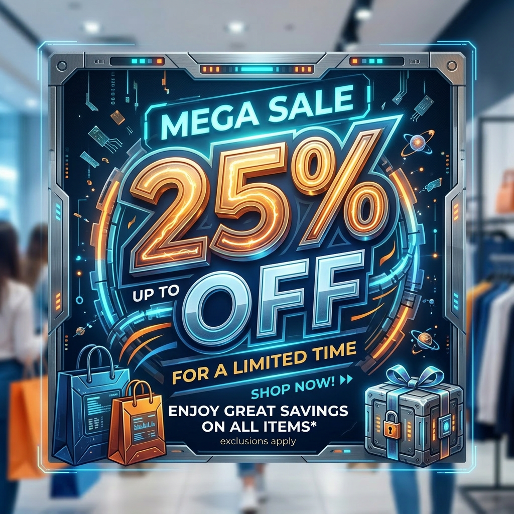 Mega sale offering up to 25% off for a limited time with savings on all items