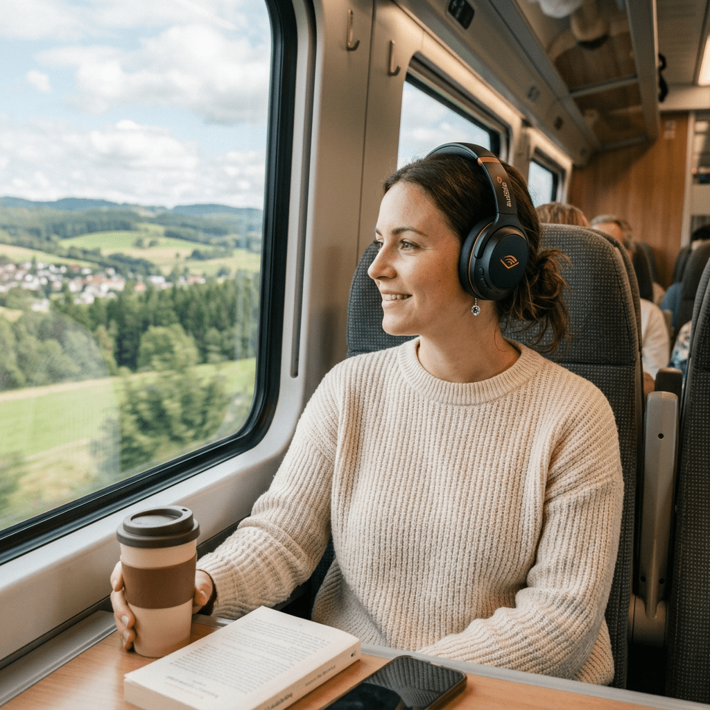 Woman wearing headphones, holding a coffee cup and looking out train window